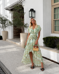 Green Floral 100% Silk Wrap Midi Dress