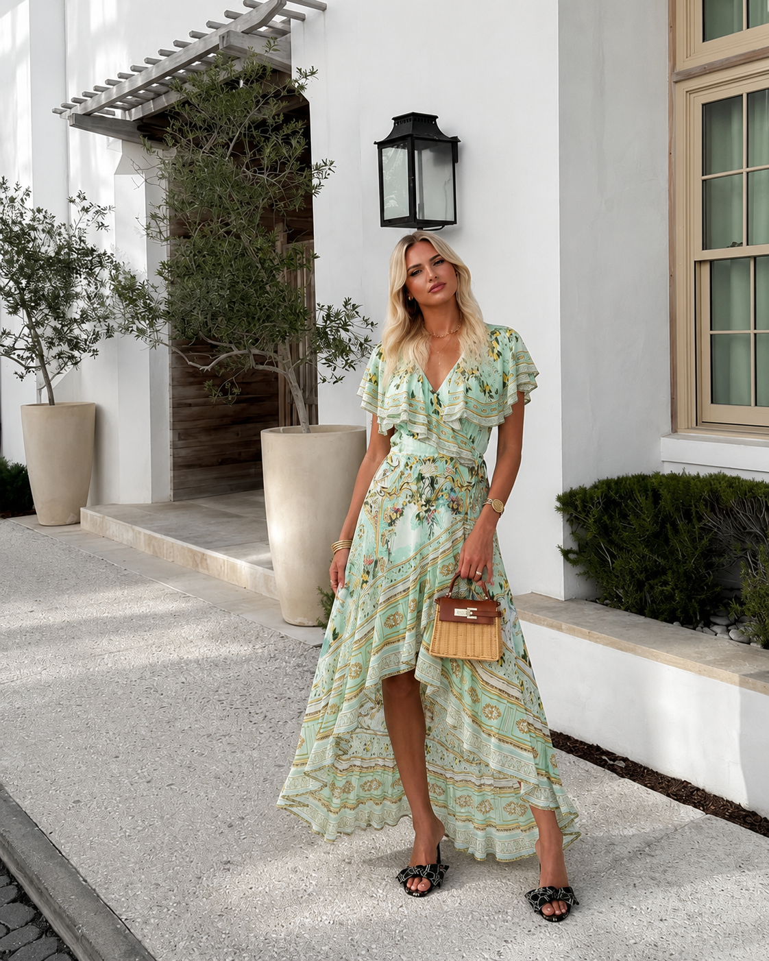 Green Floral 100% Silk Wrap Midi Dress
