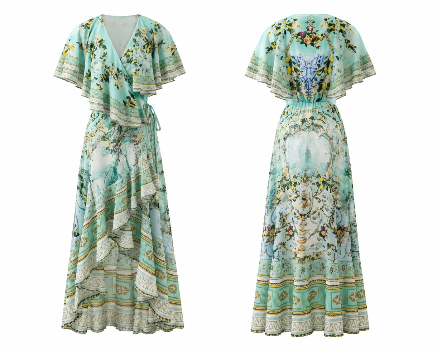 Green Floral 100% Silk Wrap Midi Dress