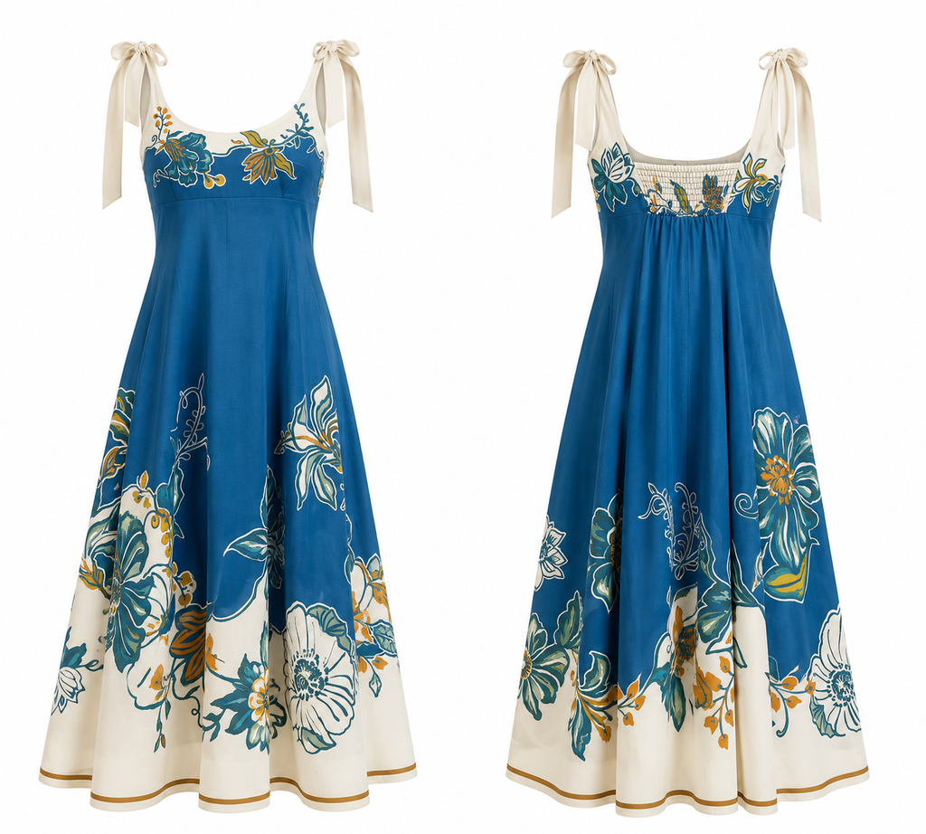 Parisian Floral Print Bow Shoulder Maxi Dress – Sleeveless Linen Blend Summer Sundress