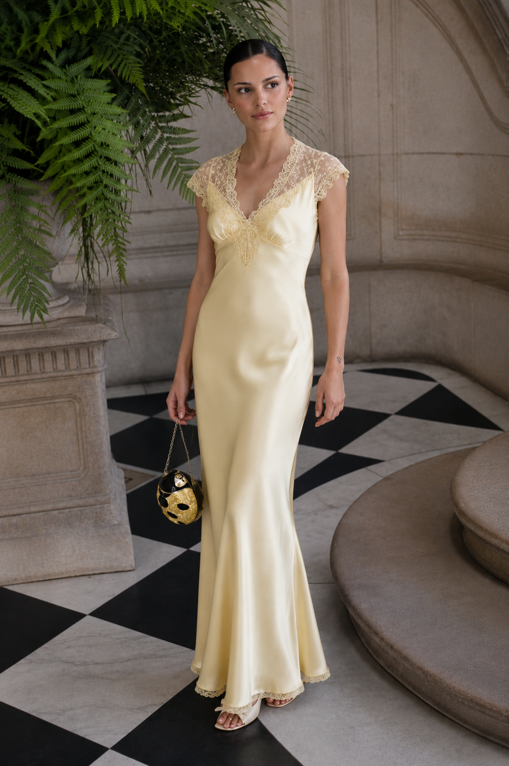 Woman’s Yellow Lace Trim V-Neck Maxi Dress – Silk Fabric