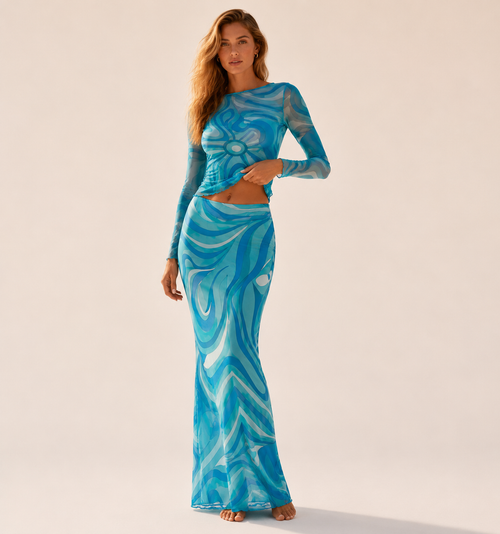 Aqua Paisley Resort Collection – Maxi Dress, Mesh Top, Midi Skirt & the One-Shoulder Swimsuit
