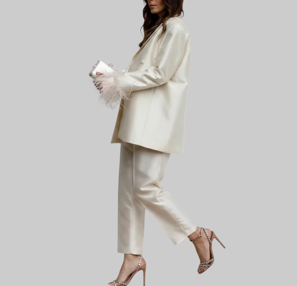 Ivory Double-Breasted Feather Cuff Suit Set