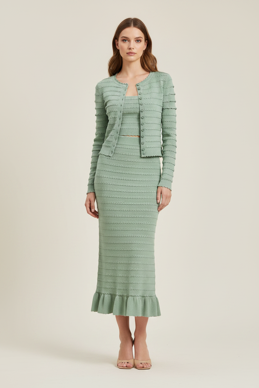 Three-Piece Knit Cardigan Camisole & Midi Skirt Set