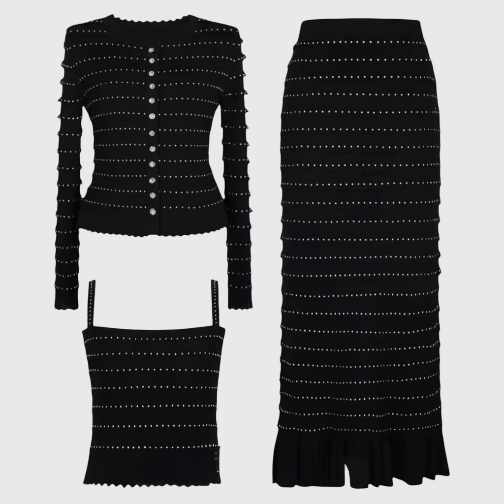 Three-Piece Knit Cardigan Camisole & Midi Skirt Set