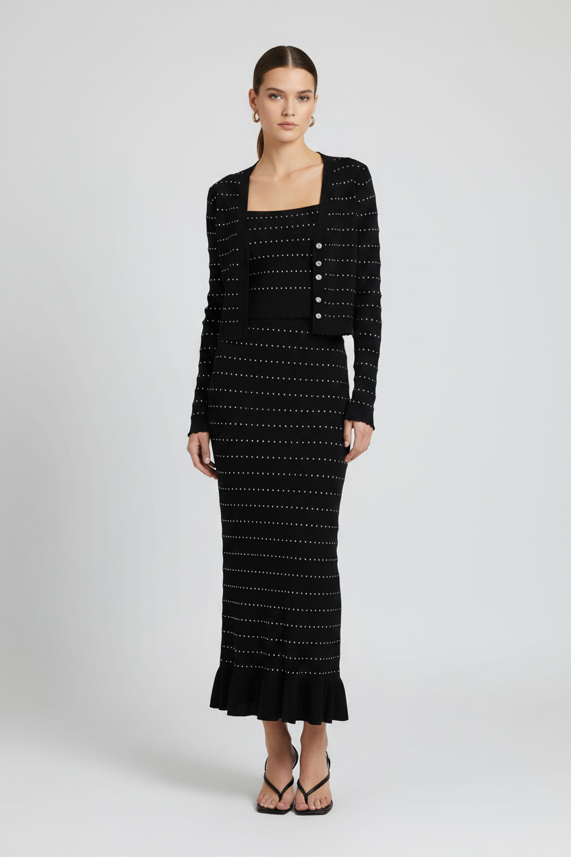 Three-Piece Knit Cardigan Camisole & Midi Skirt Set