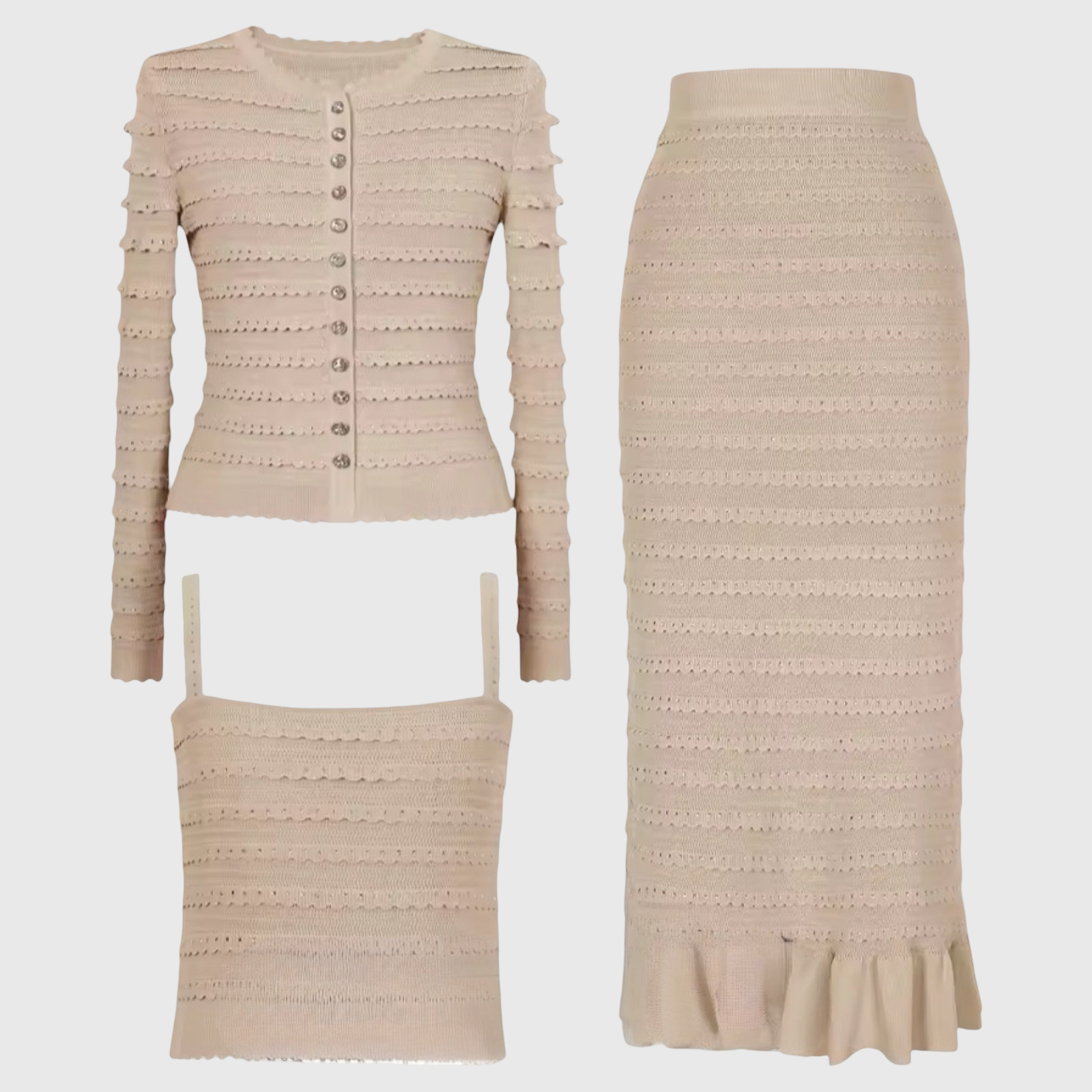 Three-Piece Knit Cardigan Camisole & Midi Skirt Set