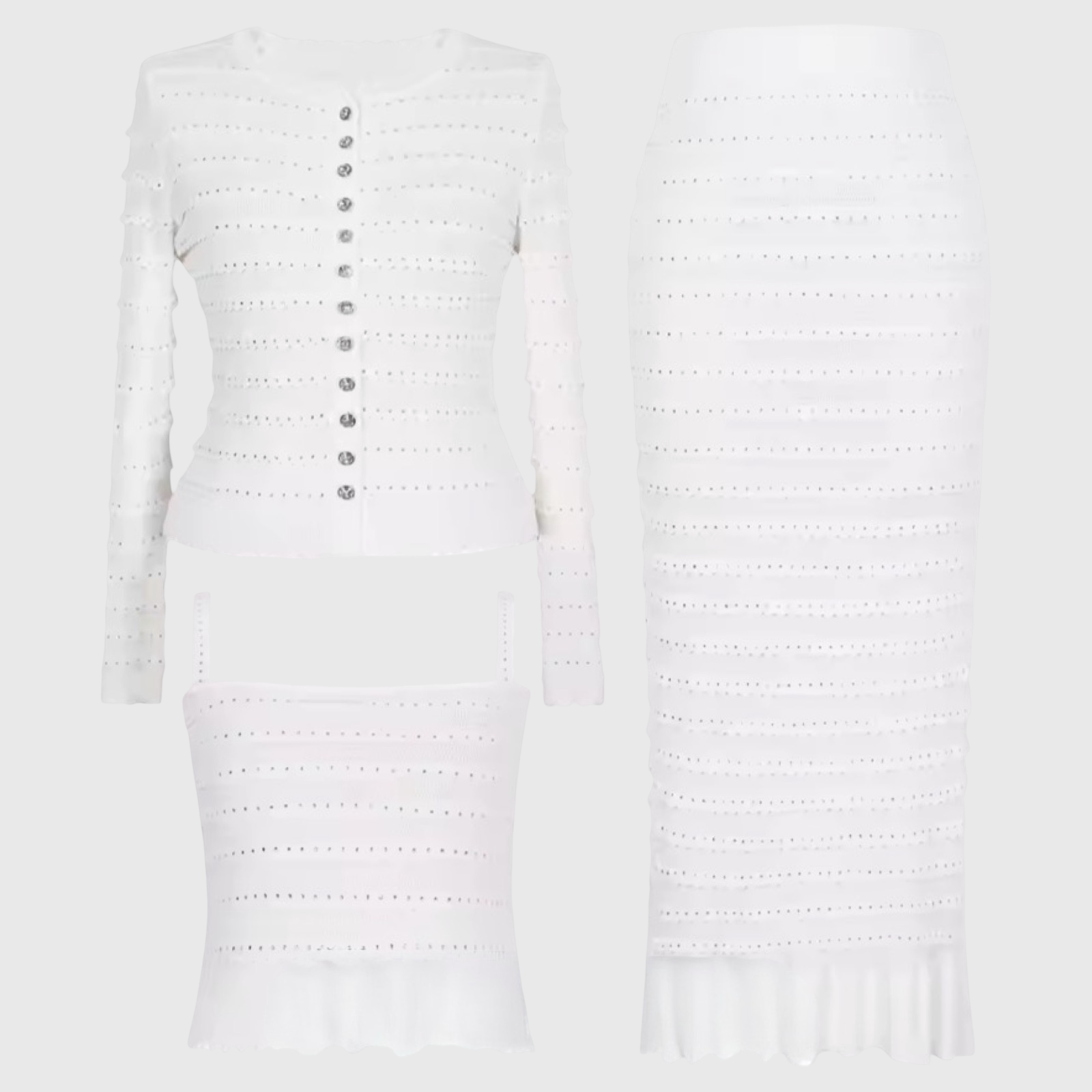 Three-Piece Knit Cardigan Camisole & Midi Skirt Set