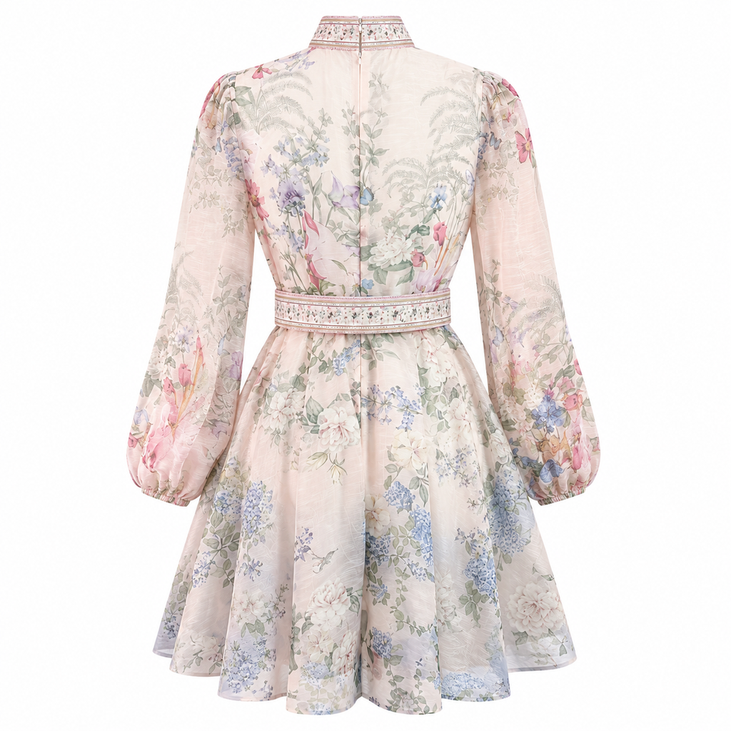 Zimmermann-Inspired Floral Print Belted Chiffon Mini Dress with Long Lantern Sleeves