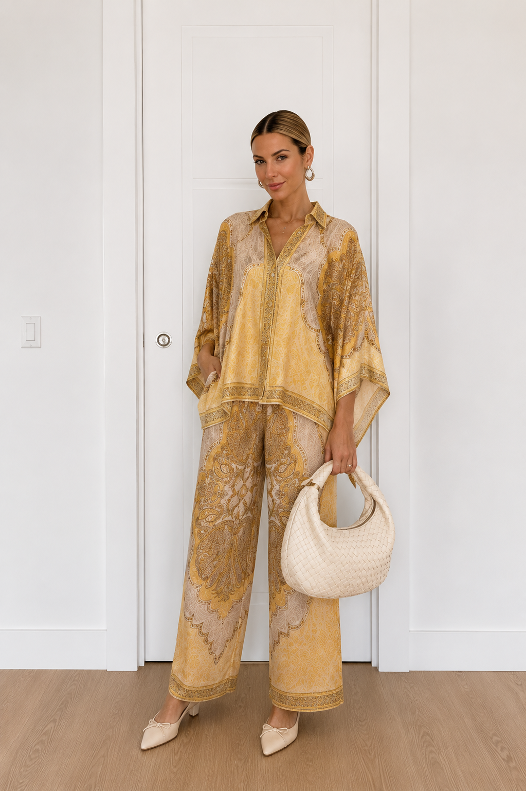 Golden Paisley Print Relaxed Shirt & Matching Wide-Leg Trouser Co-Ord Outfit