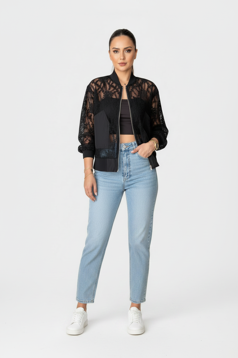 Sheer Floral Lace Zip-Up Bomber Jacket