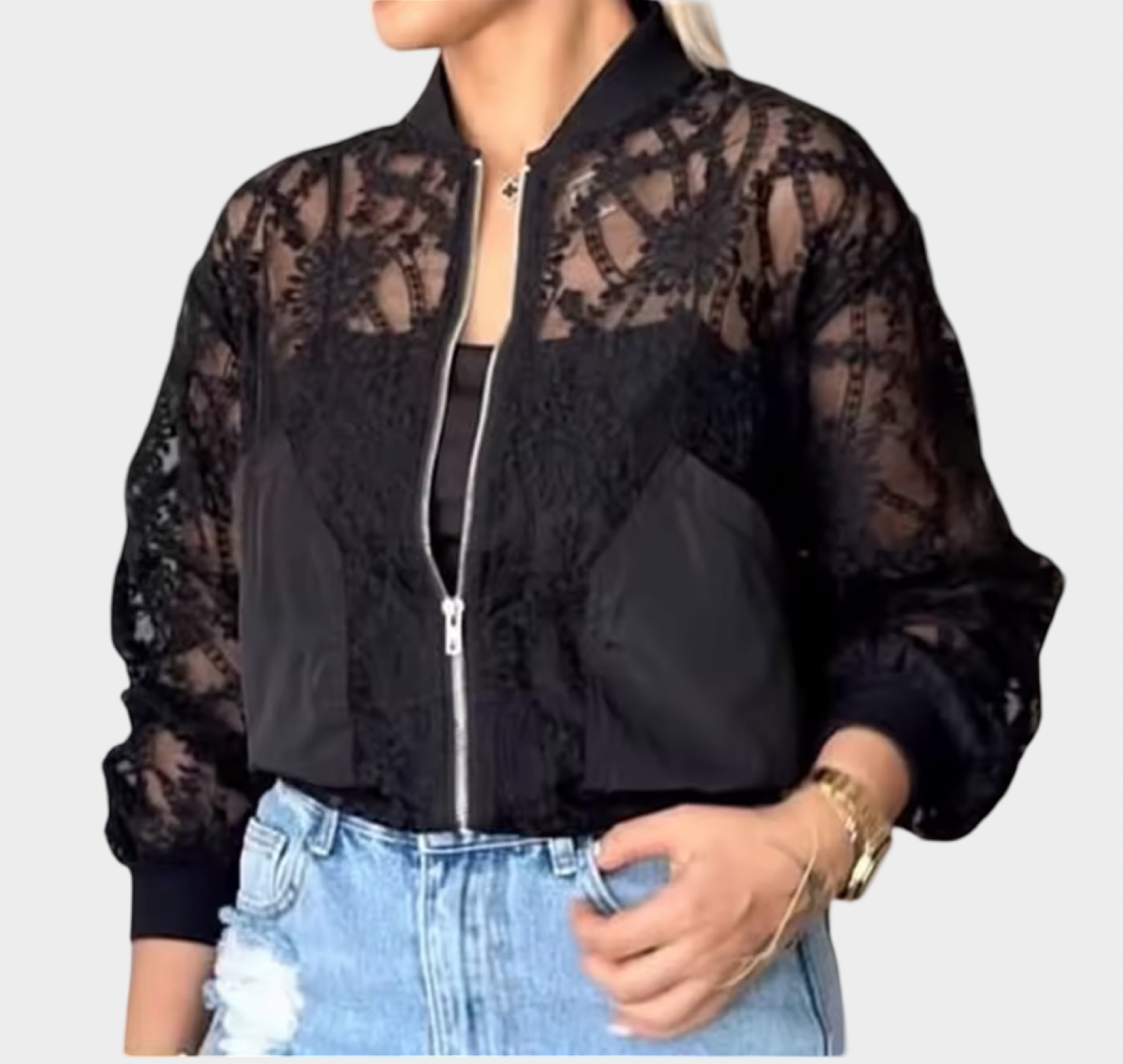 Sheer Floral Lace Zip-Up Bomber Jacket
