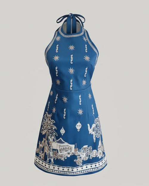 Backless Blue Linen Print Halter Neck Mini Dress