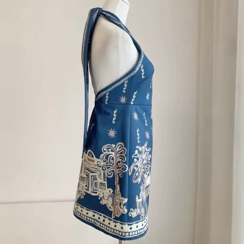 Backless Blue Linen Print Halter Neck Mini Dress