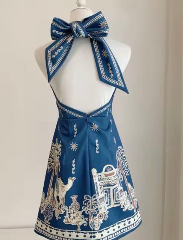 Backless Blue Linen Print Halter Neck Mini Dress