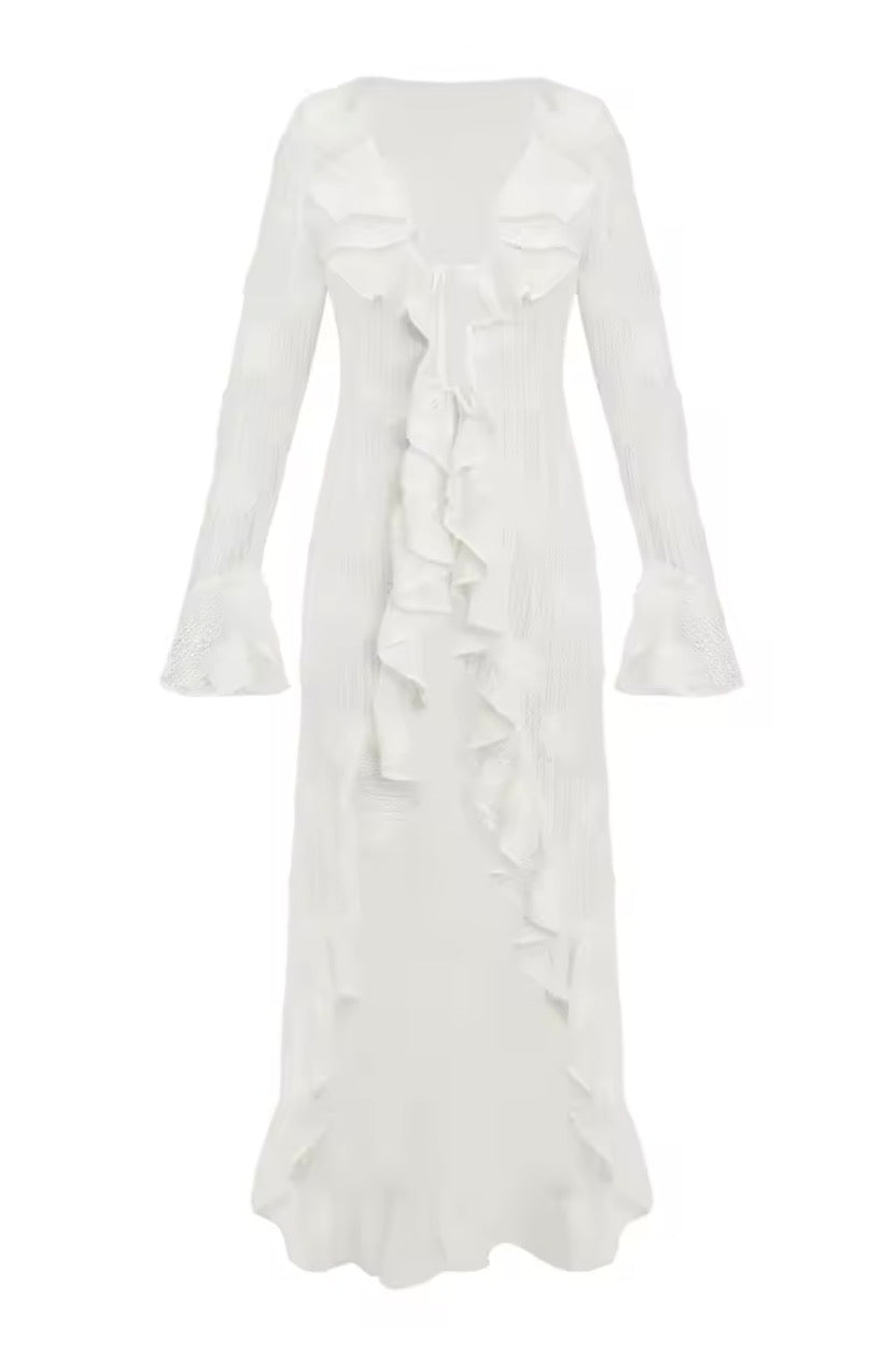 White Ruffle Knit Maxi Cover-Up