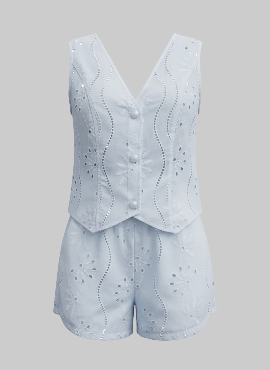 Eyelet Embroidered V-Neck Sleeveless Shorts Summer Two-Piece Set | Curve | L’LUXE Matching Sets