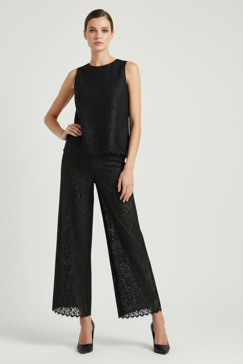 Lace Wide Leg Trousers High Waist Cropped Pants | Curve | L’LUXE Pants