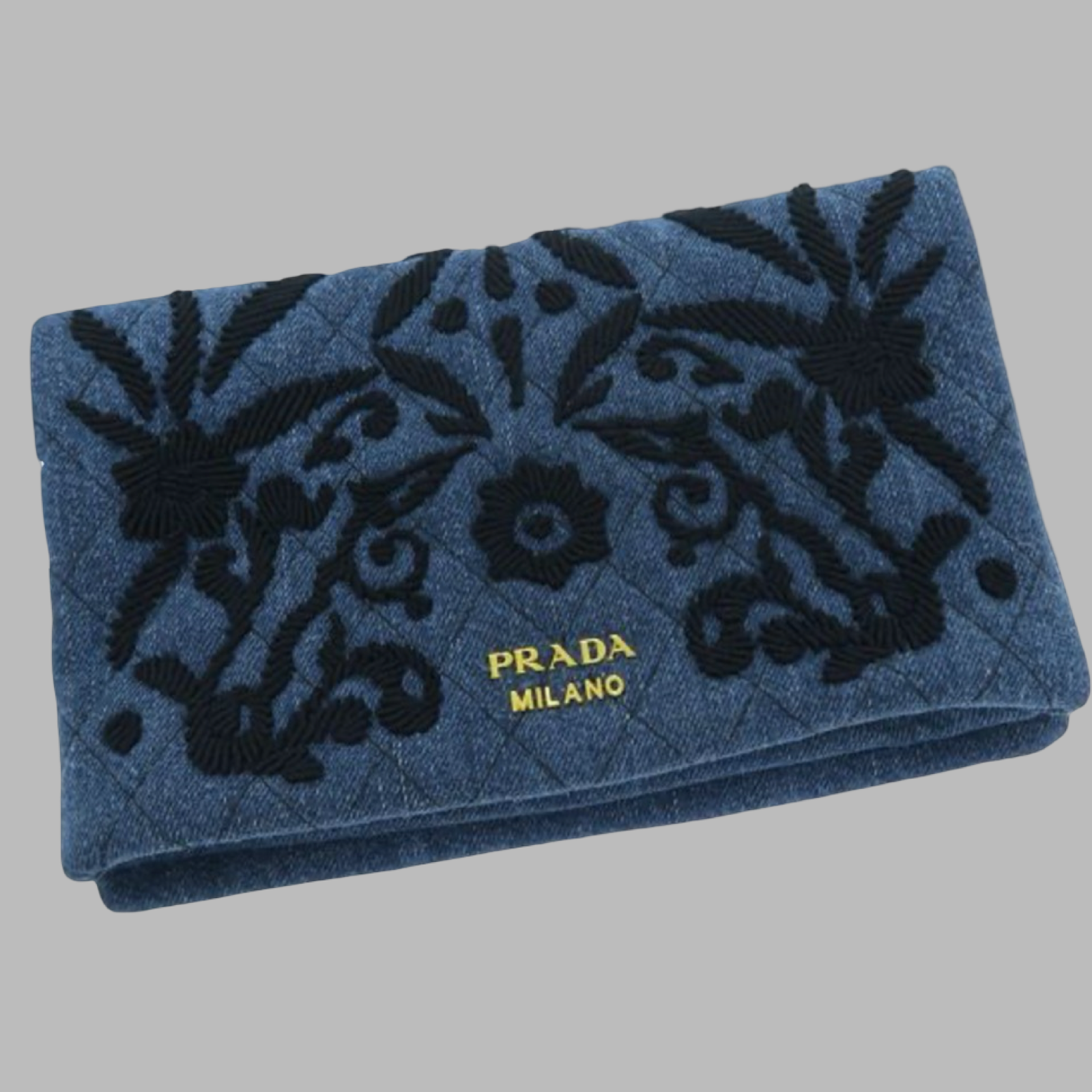 Prada Denim Clutch Blue Floral Embroidery Authentic Previously Owned