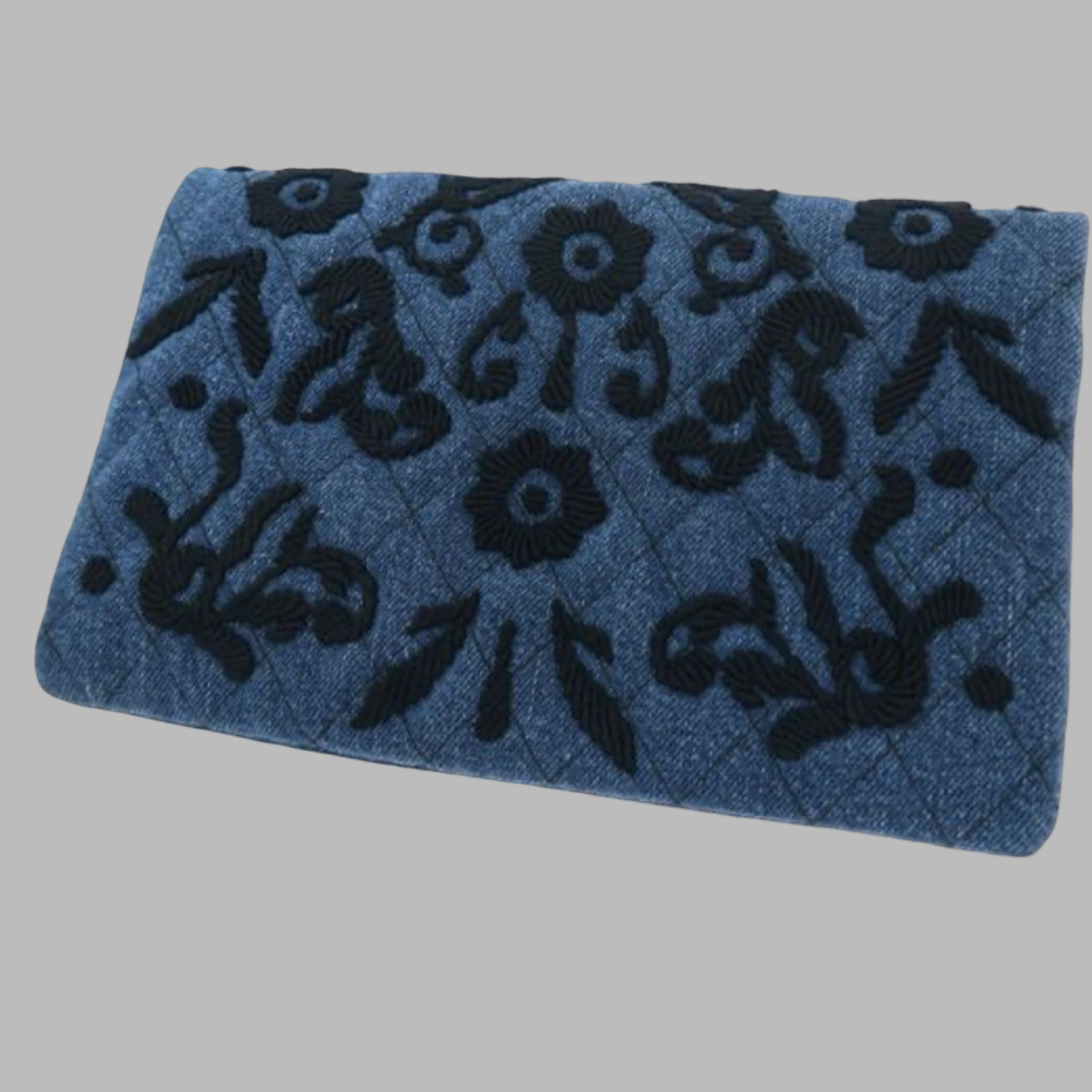Prada Denim Clutch Blue Floral Embroidery Authentic Previously Owned