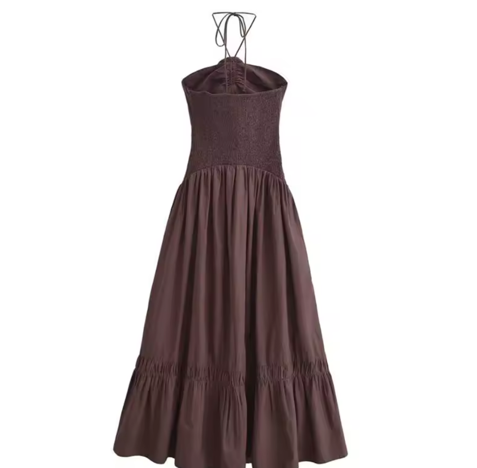 Women’s Brown Halter Rosette Smocked Maxi Dress