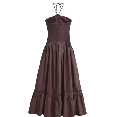 Brown Halter Rosette Smocked Maxi Dress
