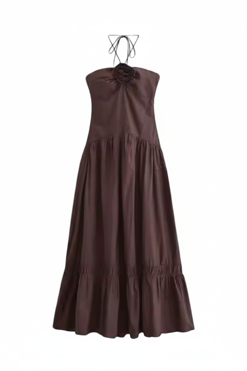 Women’s Brown Halter Rosette Smocked Maxi Dress