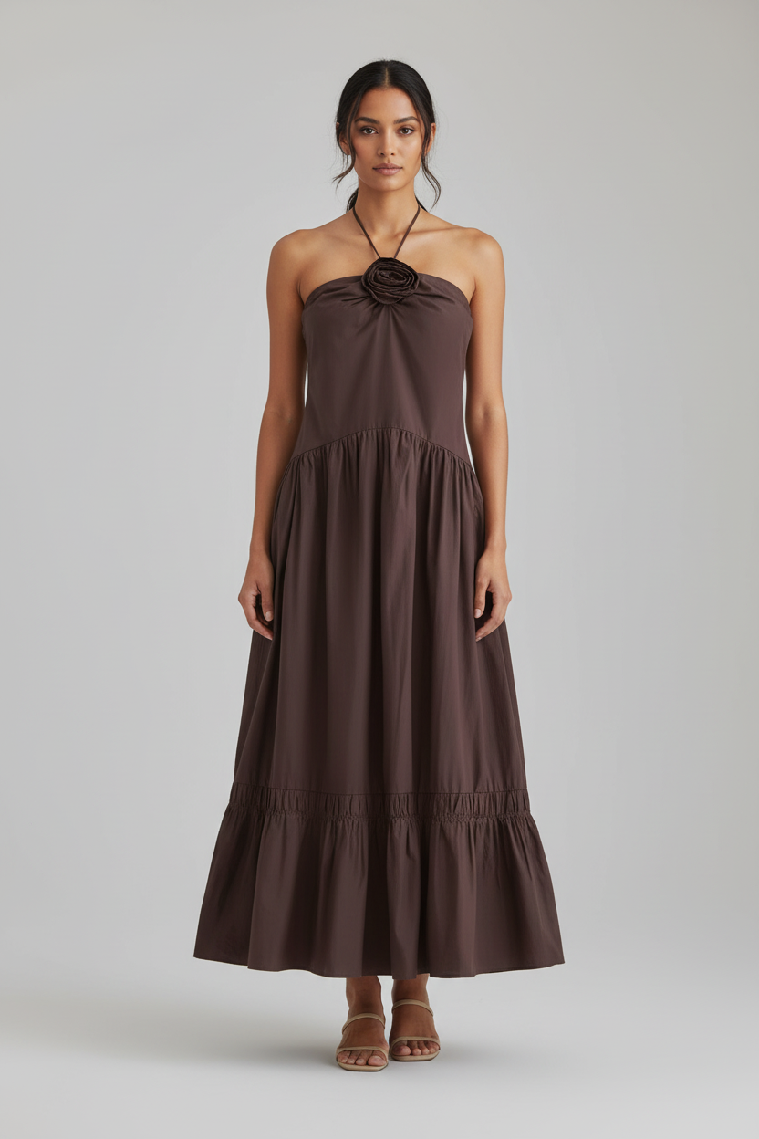 Women’s Brown Halter Rosette Smocked Maxi Dress