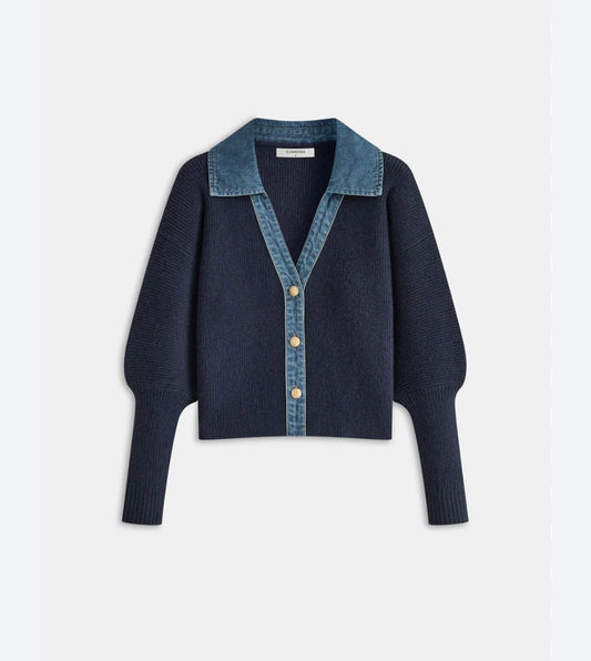 Ribbed Knit Denim Polo Collar Cardigan Jacket | L’LUXE Coats & Jackets