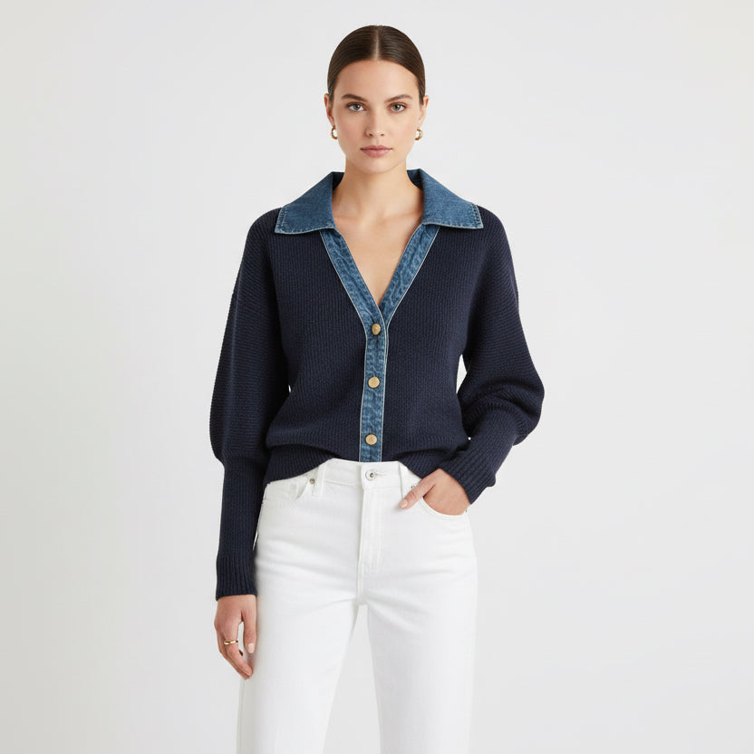 Ribbed Knit Denim Polo Collar Cardigan