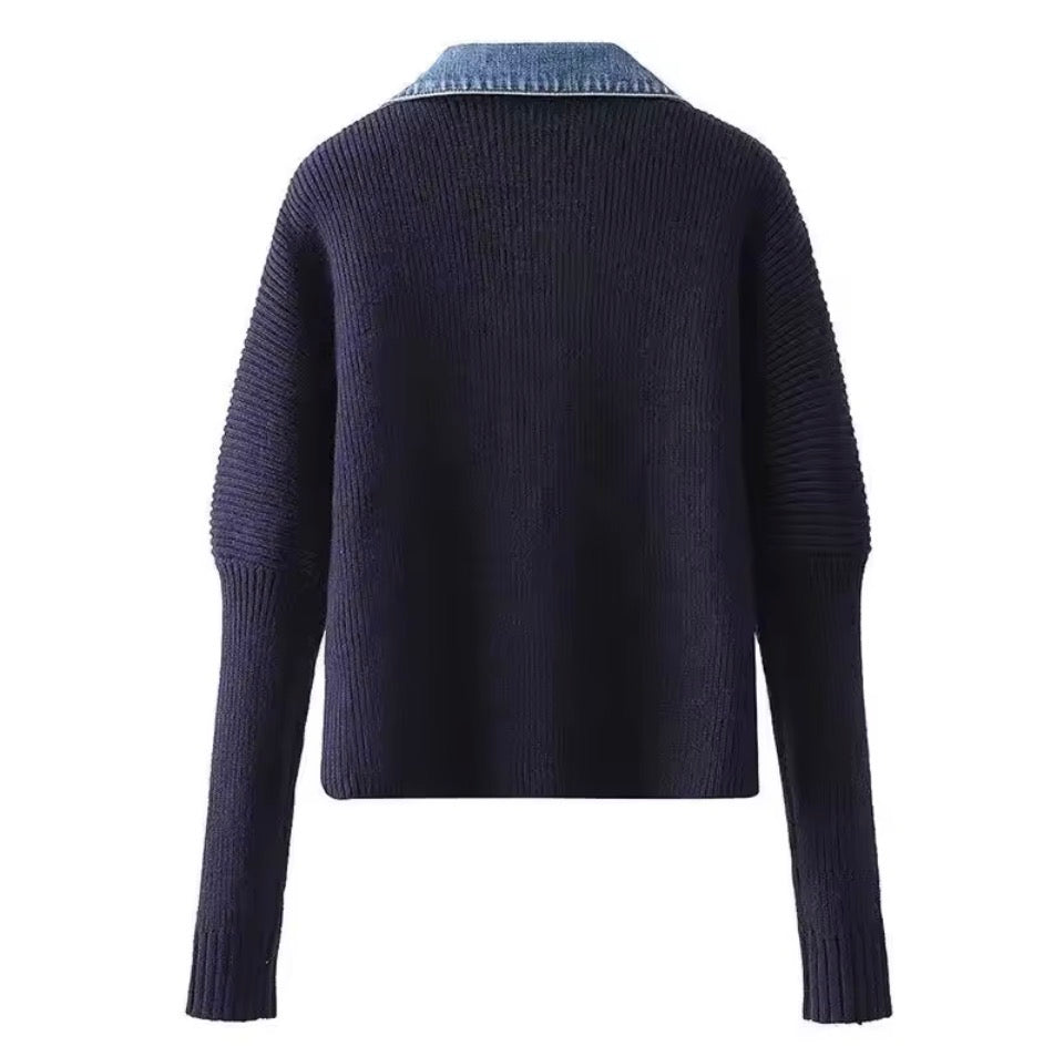 Ribbed Knit Denim Polo Collar Cardigan