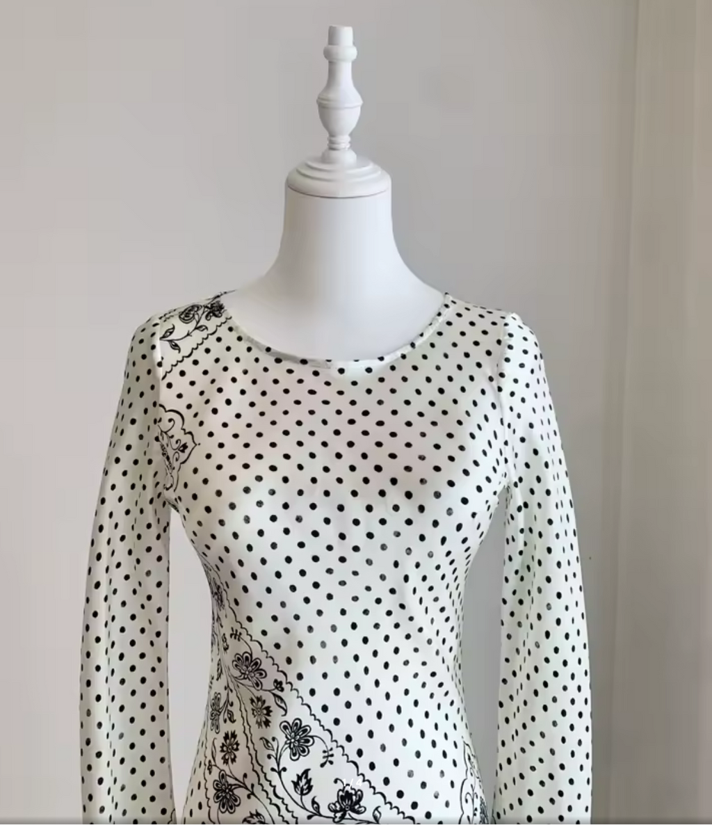 Beige Silk Polka Dot Maxi Dress – Boat Neck Long Sleeve Bias Cut Gown