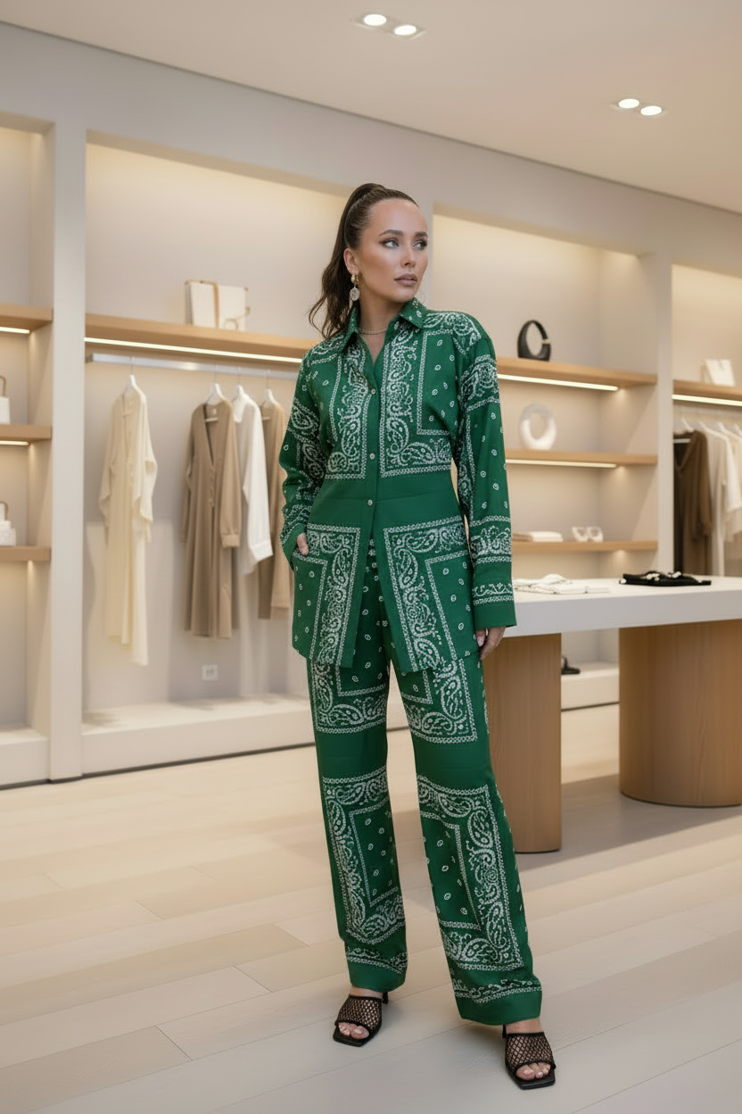 Bandanna Inspired Emerald Green Paisley Print Set | L’LUXE Matching Sets