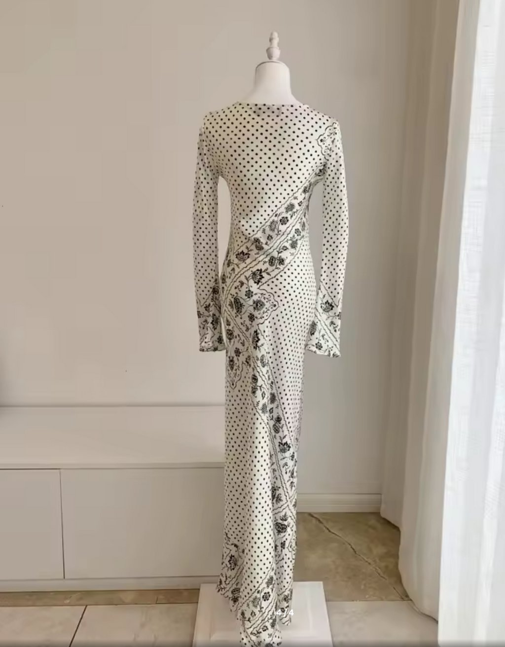 Beige Silk Polka Dot Maxi Dress – Boat Neck Long Sleeve Bias Cut Gown