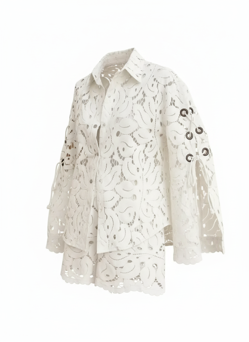 White Eyelet Lace Shirt & Shorts Set