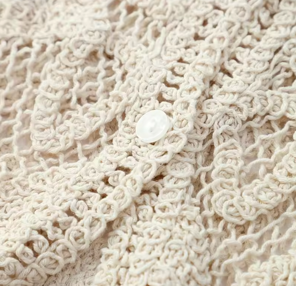 Beige Crochet Lace Shirt & Mini Skirt Set – Resort Chic Two-Piece Matching Set – Beige – Excellent Quality