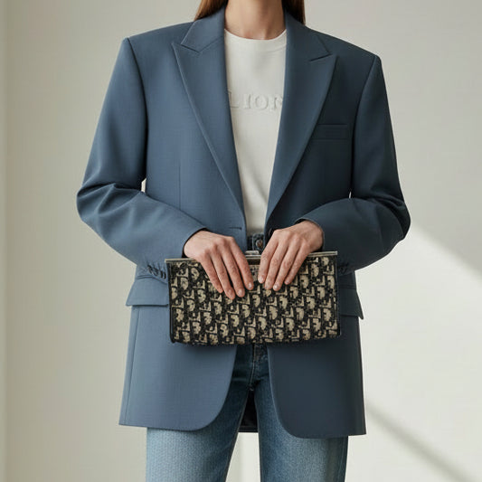 Christian Dior Trotter Clutch Bag Navy Black Canvas & Leather – Good Condition | L’LUXE Vintage