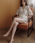 Apricot Floral Sheer Two-Piece Short Set – Lantern Sleeve V-Neck Blouse & Elastic Waist Shorts – Resort Summer Co-Ord