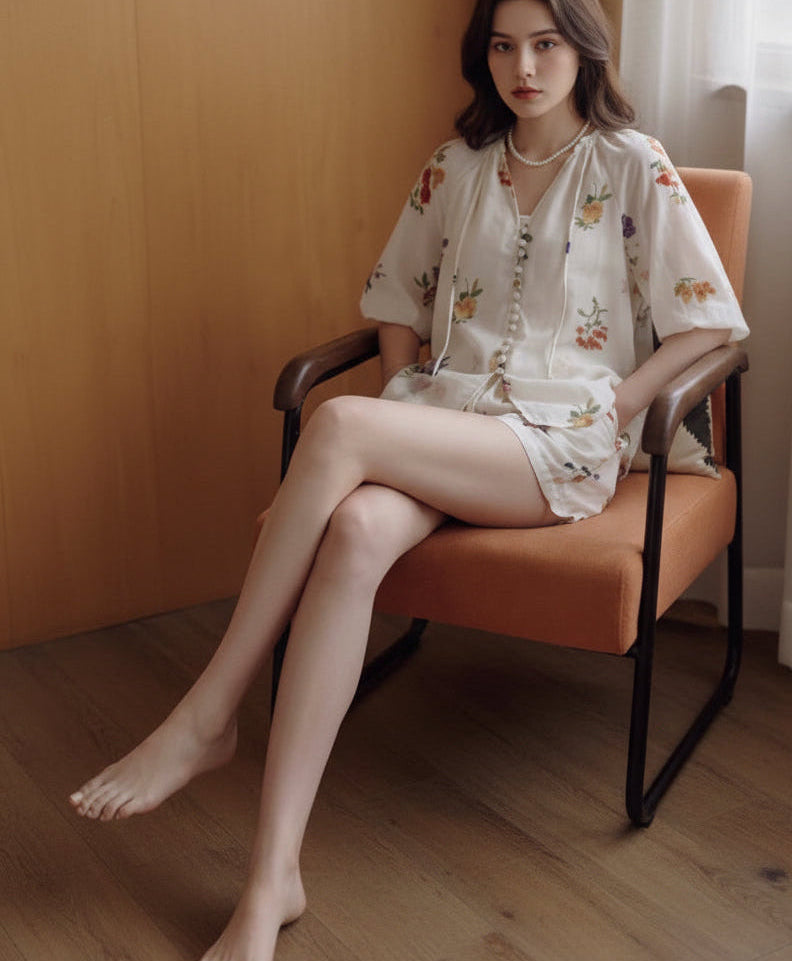Apricot Floral Sheer Two-Piece Short Set – Lantern Sleeve V-Neck Blouse & Elastic Waist Shorts – Resort Summer Co-Ord