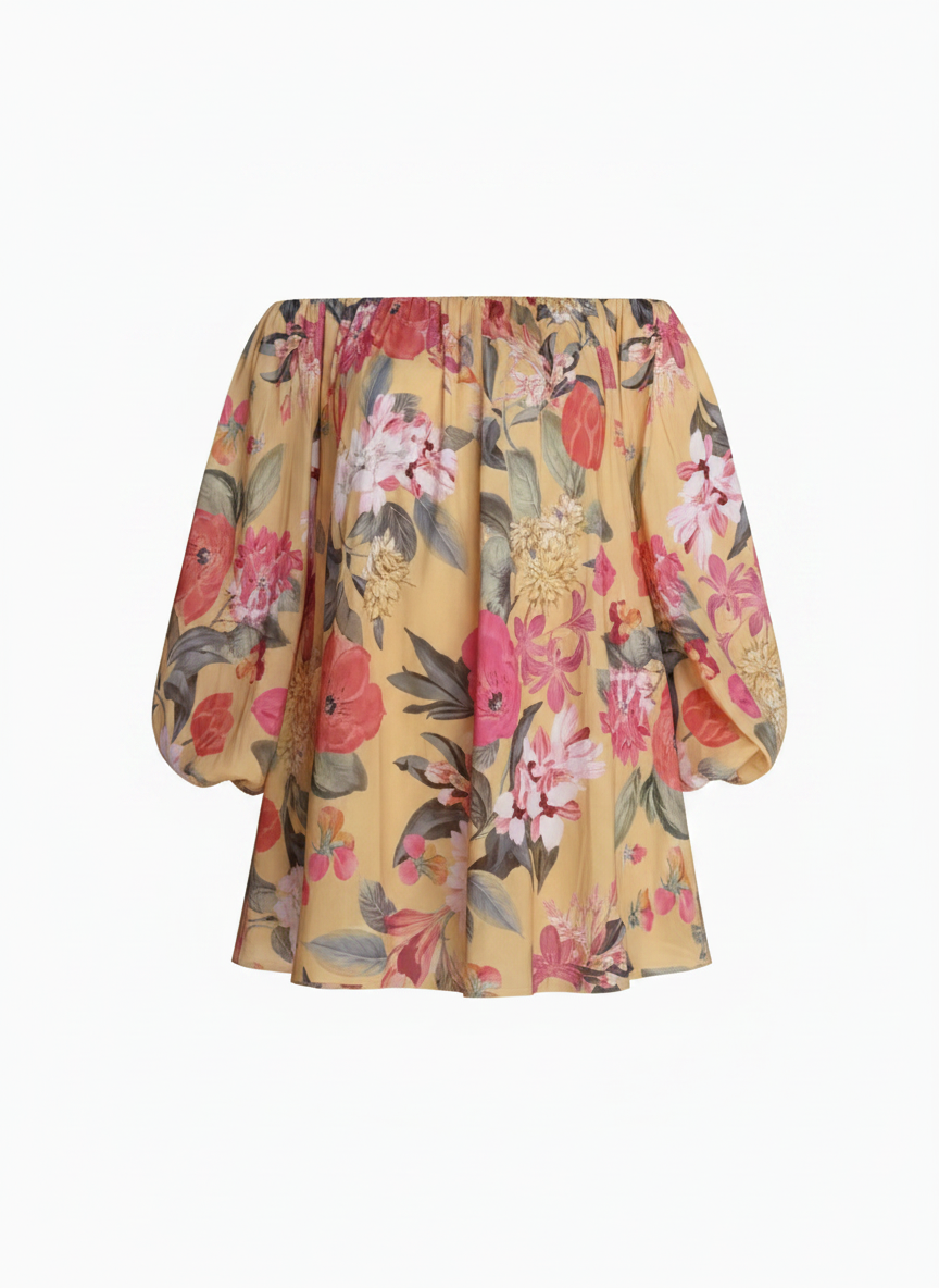 Floral Off-Shoulder Mini Dress – Yellow Multi Floral Print Long Sleeve