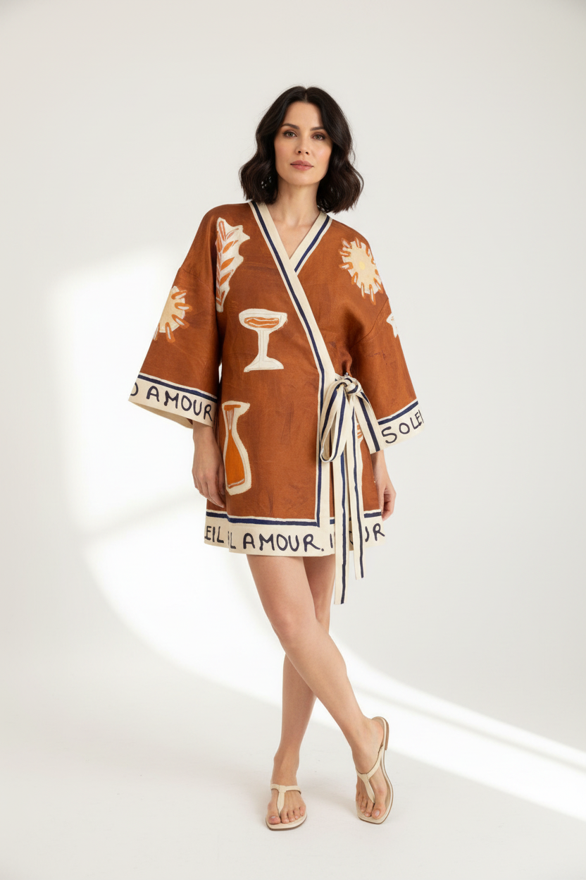 Hand-Drawn Bottle Print Silk Linen Blend Wrap Mini Dress