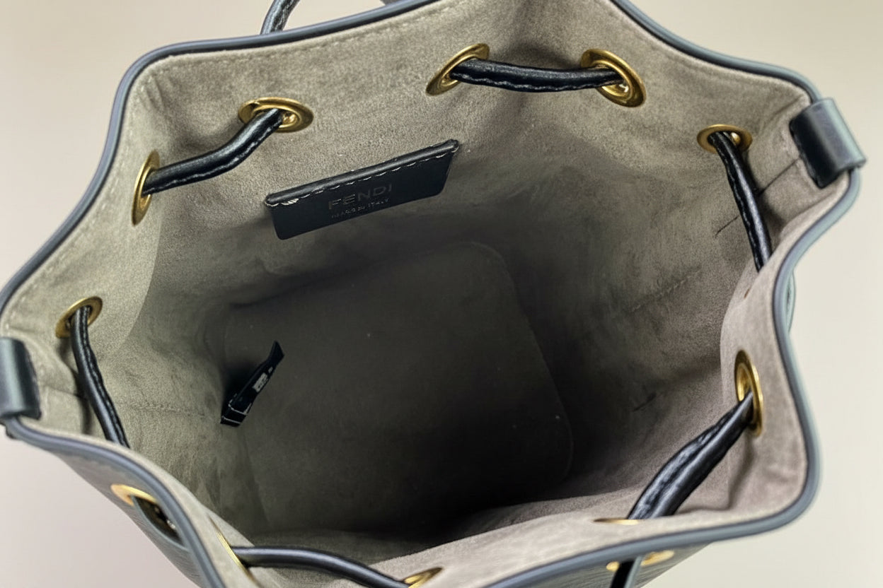 Fendi Mini Mon Tresor FF Calf Leather Bucket Bag Maya Nero Gold Previously Owned Authentic