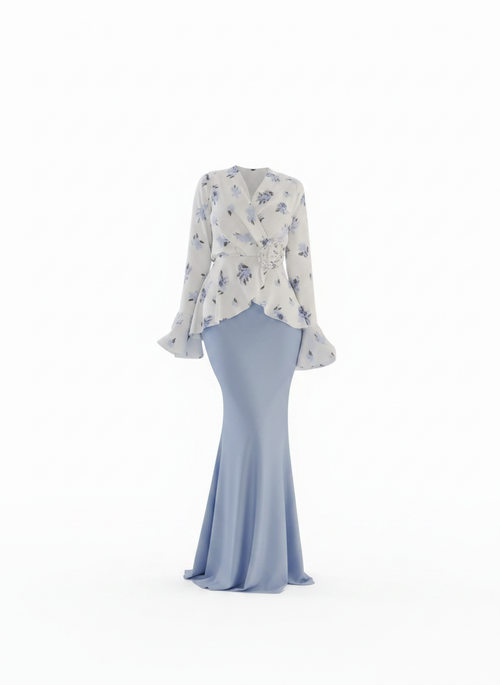 Blue Floral Wrap Blouse & Mermaid Skirt Two-Piece Set