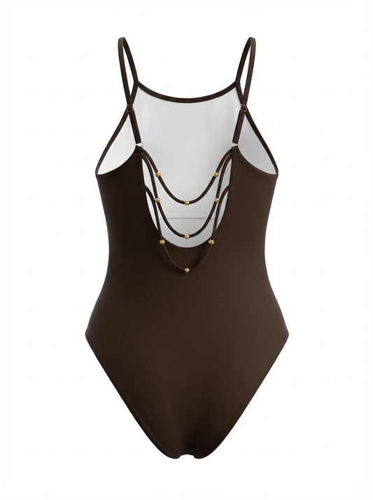Dark Brown Backless Beaded One-Piece Swimsuit | Curve | L’LUXE Swimwear