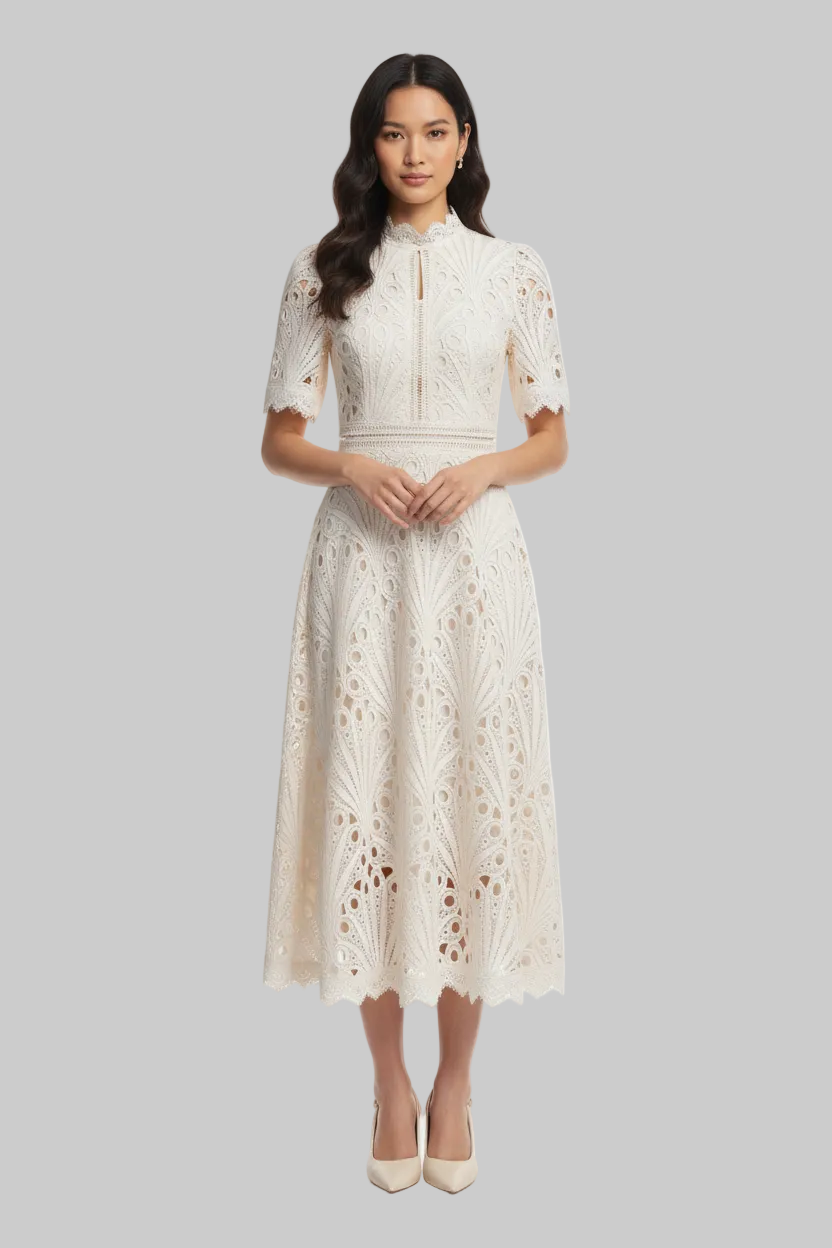 Lace Patchwork Midi Dress – A-Line O-Neck | Curve | L’LUXE Dresses