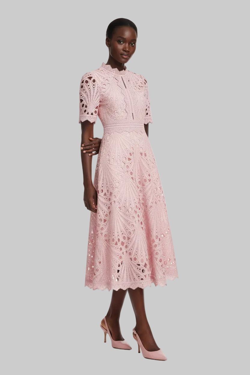Lace Patchwork Midi Dress – A-Line O-Neck | Curve | L’LUXE Dresses