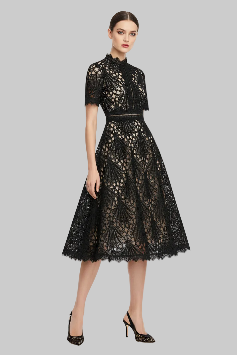 Lace Patchwork Midi Dress – A-Line O-Neck | Curve | L’LUXE Dresses