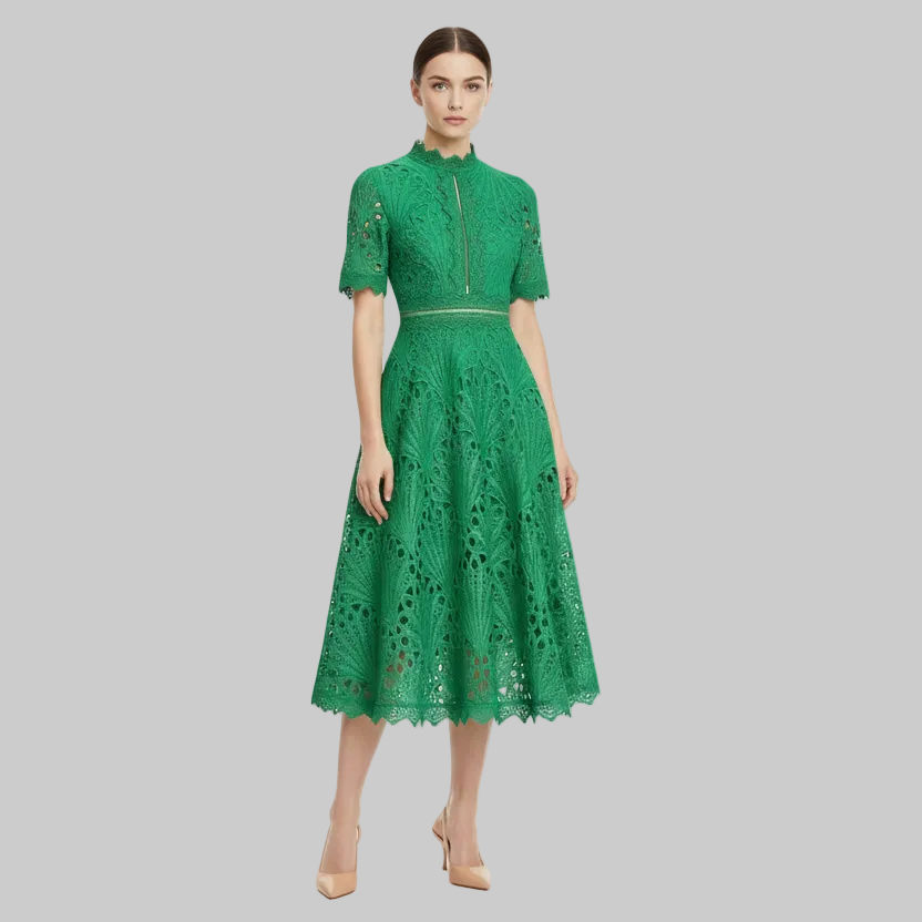 Lace Patchwork Midi Dress – A-Line O-Neck | Curve | L’LUXE Dresses