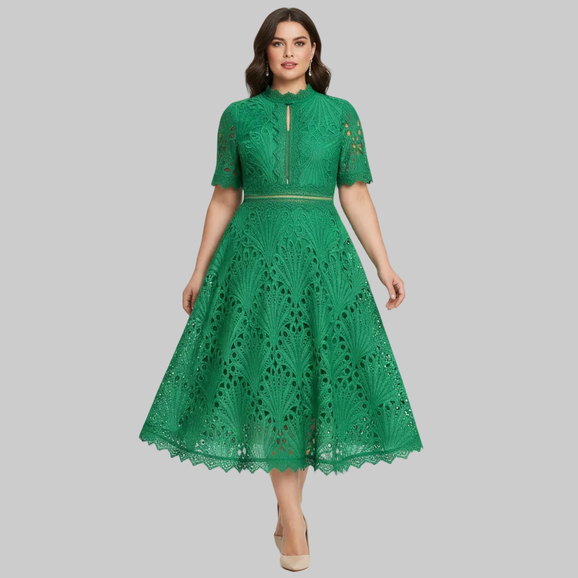 Lace Patchwork Midi Dress – A-Line O-Neck | Curve | L’LUXE Dresses