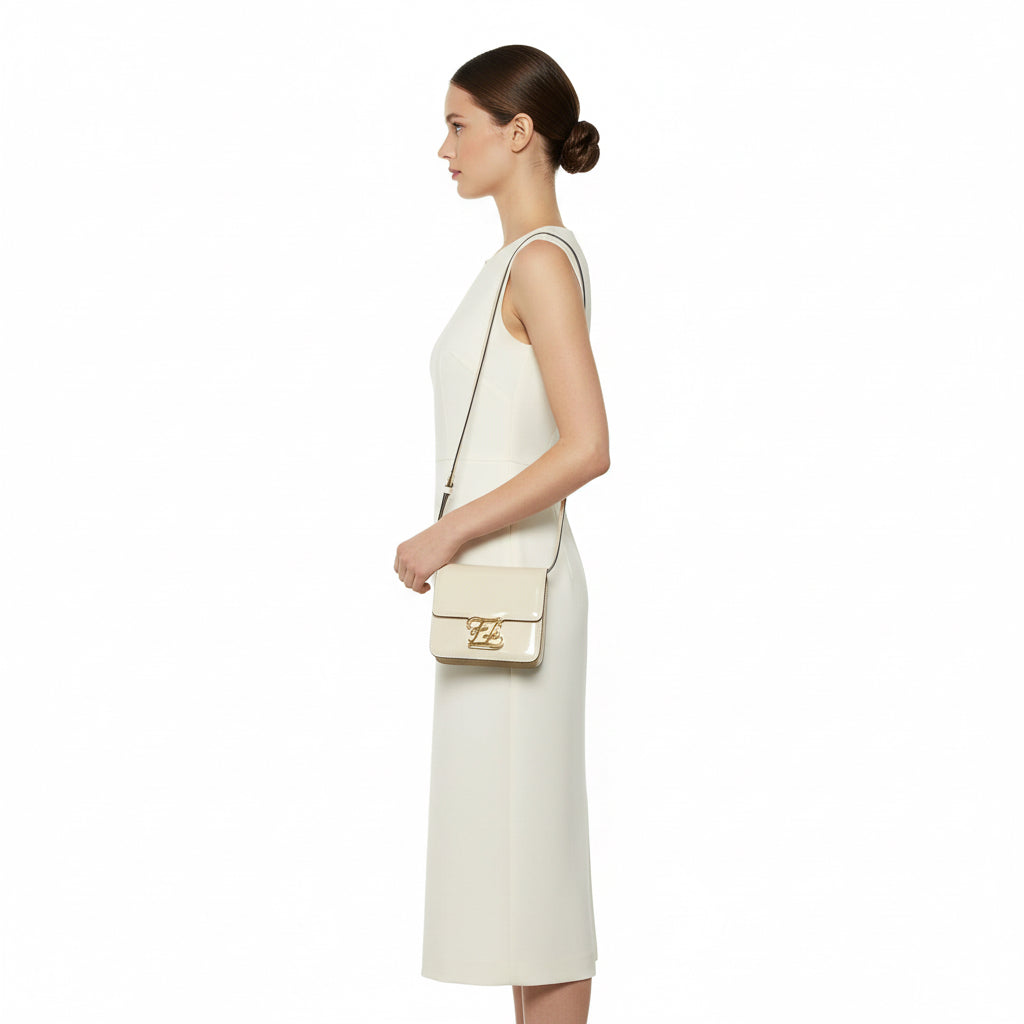 Fendi Calligraphy Patent Leather Shoulder Bag Cream Previously Owned Authentic